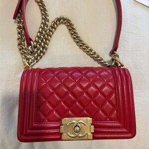 Chanel Boy Small Red Quilted Shoulder Bag with Gold Chain